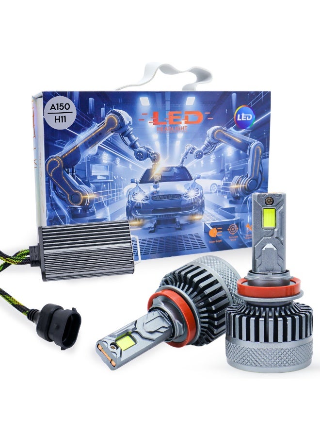 طقم لمبات ليد أمامية A150 عالية القوة 360 درجة (قطعتين) – H11 | 300 واط | شعاع أحادي | 6000 كلفن مع درايفر | ضمان دولي لمدة 6 أشهر - Image 1